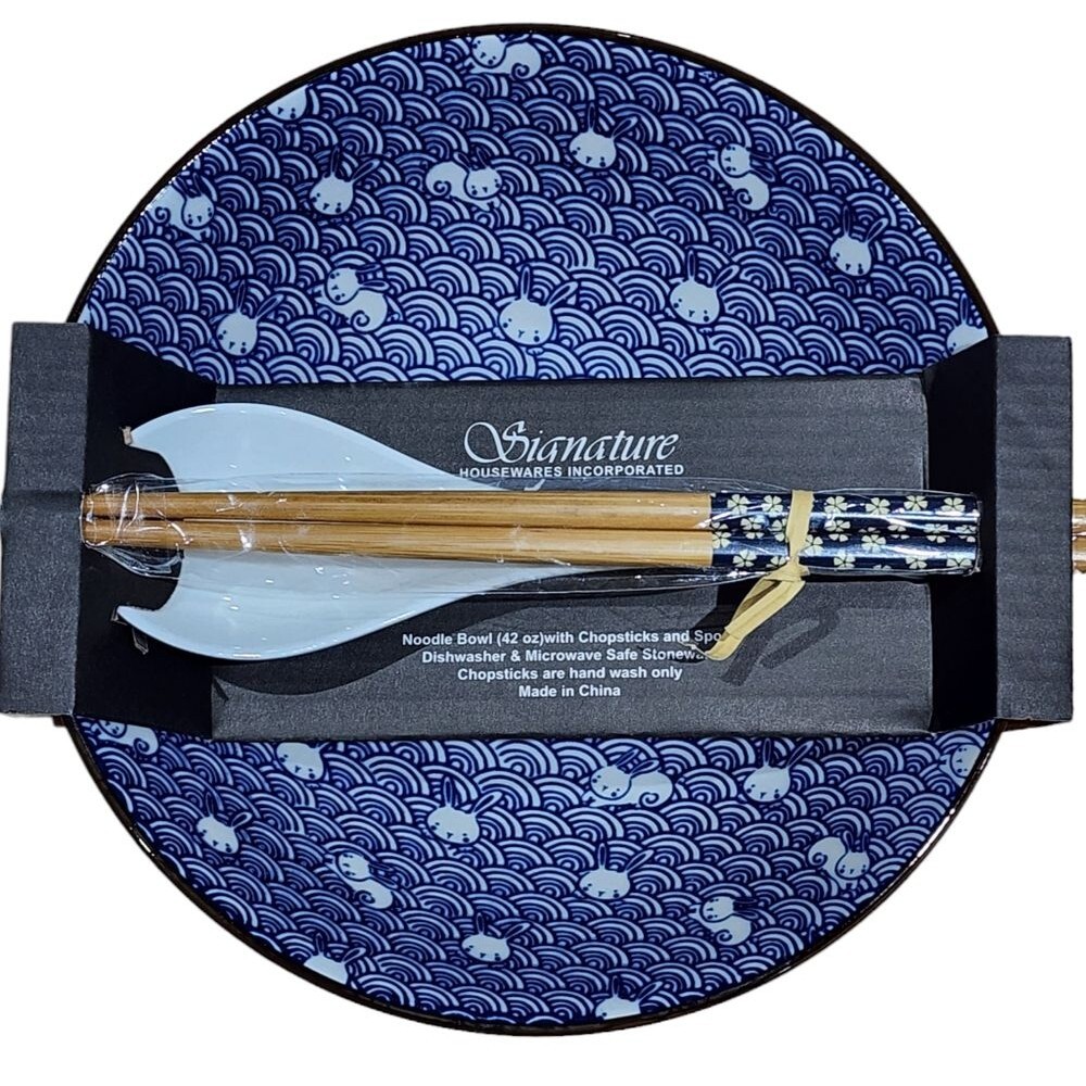 Signature Blue Bunny Waves Ceramic Ramen Noodle Bowl Set 42oz Chopsticks Spoon